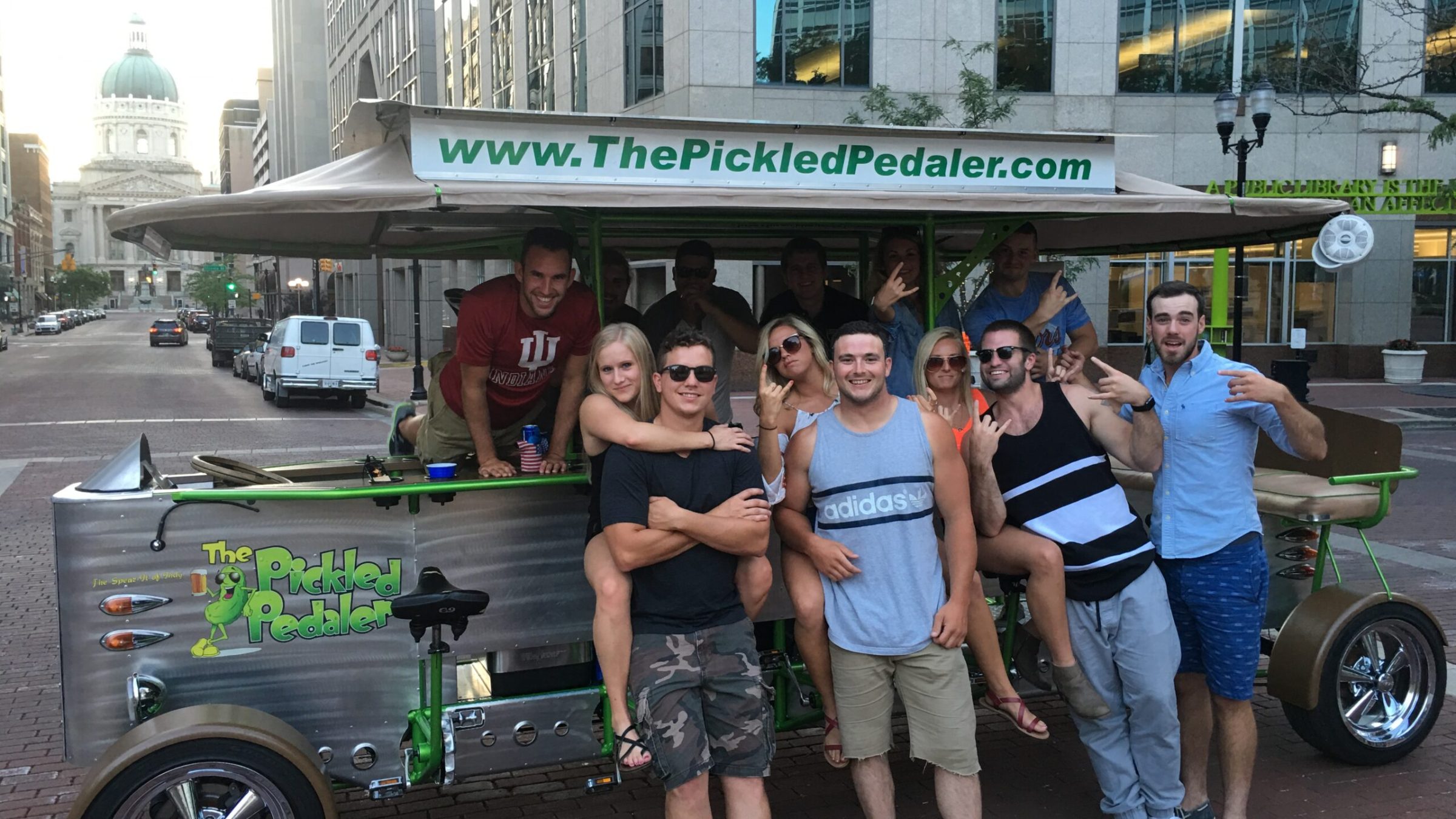 a group of people standing in front of a building